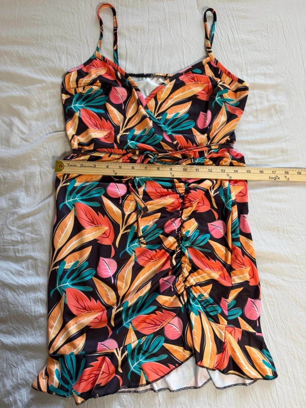 Tropical‎ Print Belted Ruched Ruffle Hem Dress Size Medium